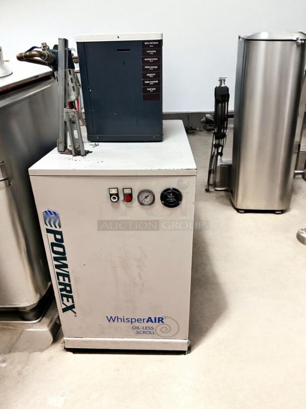 Alt text: Powerex WhisperAIR Oil-Less Scroll Compressor with SPX Hankison HPR5-10 Air Dryer, model SFC30824BP, 8.8 SCFM, 208V.