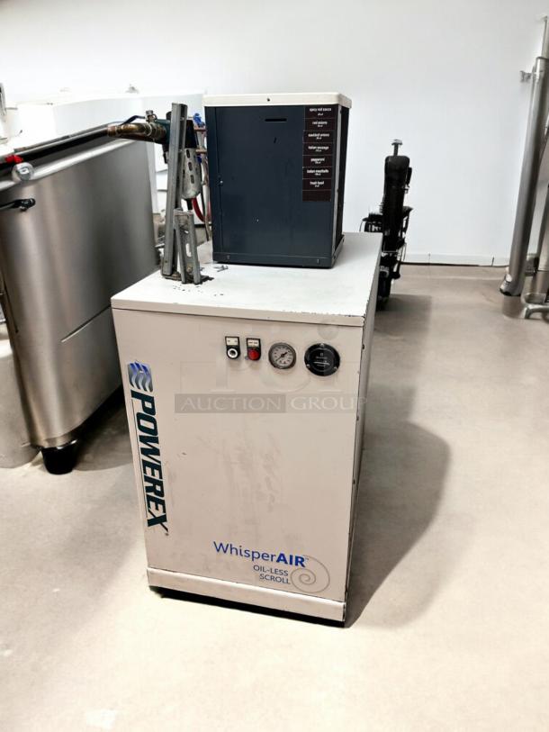 Powerex WhisperAIR oil-less scroll compressor with SPX Hankison HPR5-10 air dryer, 8.8 SCFM, 208V, fully tested, great condition.
