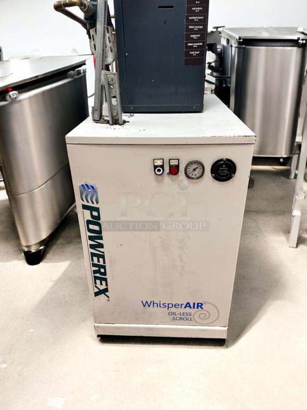 "Powerex WhisperAIR Oil-Less Scroll Compressor, model SFC30824BP, features SPX Hankison HPR5-10 dryer, fully tested, 8.8 SCFM, 208V."