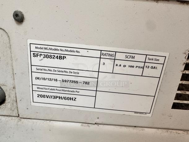 Powerex WhisperAIR Compressor, model SFC30824BP, label showing 8.8 SCFM at 100 PSIG, 13-gallon tank, 208V, 3PH, 60HZ.