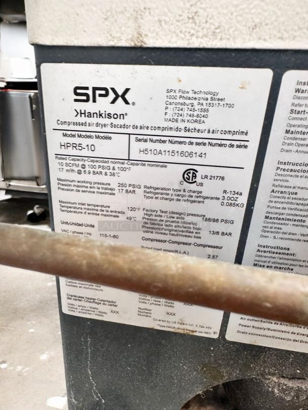 Powerex WhisperAIR Compressor SFC30824BP, SPX Hankison HPR5-10 Dryer; 8.8 SCFM, 208V, tested, great condition, model labels visible.