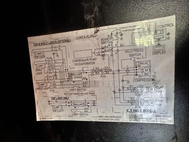 Wiring diagram for top and shelf lights, power and switch connections, and compressor components, showing color codes and labels.