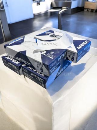 Brand New Affex Stretch Hybrid Gloves, Model AF-HM10100, powder-free, 100 count boxes, various sizes, commercial quality.