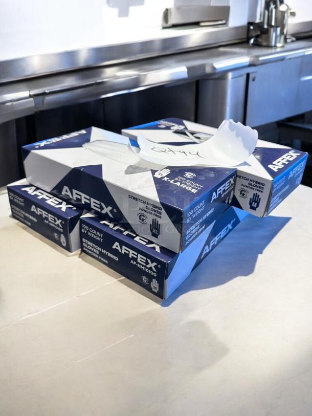 Brand new Affex Stretch Hybrid Gloves, model AF-HM10100, powder-free, 100-count box, commercial quality, size XL.