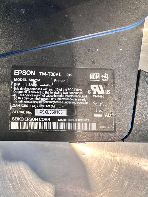 Epson TM-T88VII thermal receipt printer label, model M331A, made by Seiko Epson Corp. in the Philippines, serial X9XLC060103.