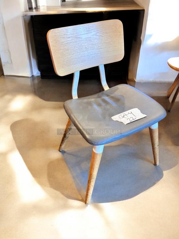 Modern café dining chair in excellent condition, wood/metal hybrid, Model: Bistro-Style. Qty 6. Fully tested and sturdy.