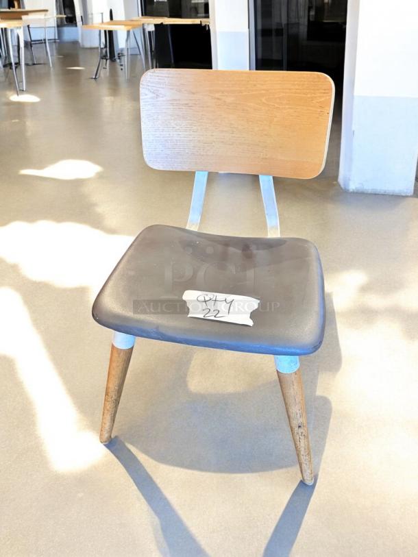 Modern café dining chair, bistro-style, wood/metal hybrid, excellent condition, sturdy. Labeled "Qty 6."