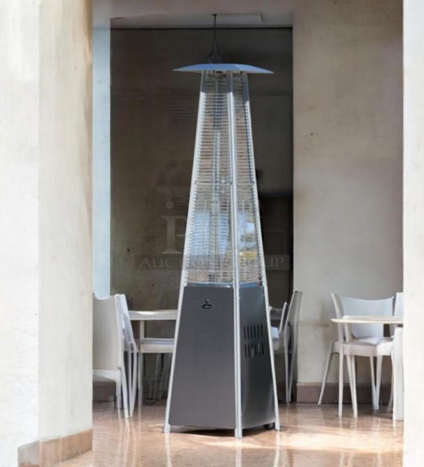 Hiland HLDS01-CGTSS outdoor pyramid patio heater in excellent condition, propane-fueled, fully tested and working.