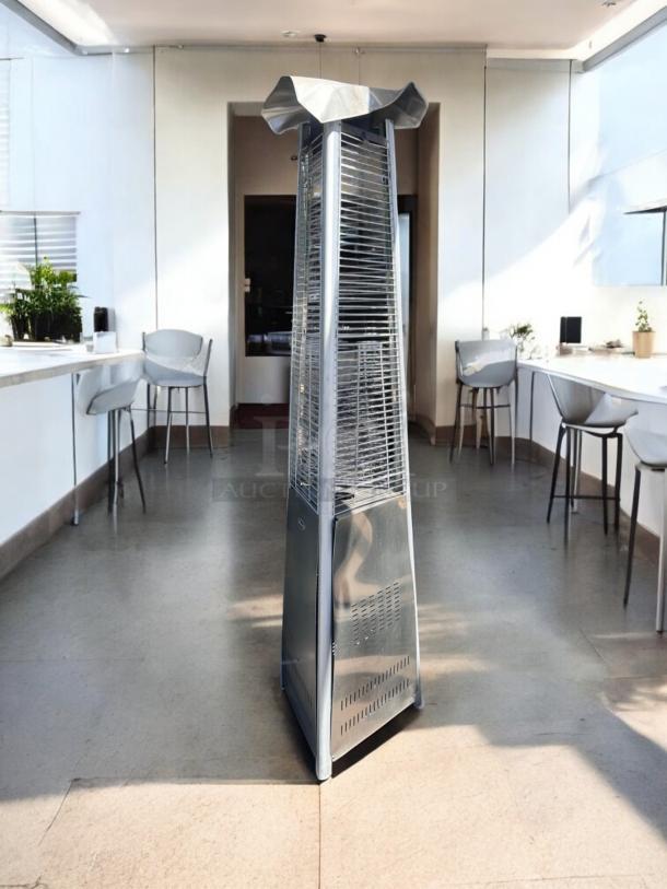 Hiland HLDS01-CGTSS outdoor pyramid patio heater in excellent condition, stainless steel, propane, fully tested and working.