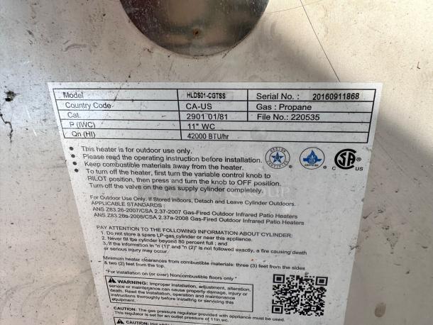 Hiland HLDS01-CGTSS patio heater label showing model, serial number, propane gas type, and safety instructions.