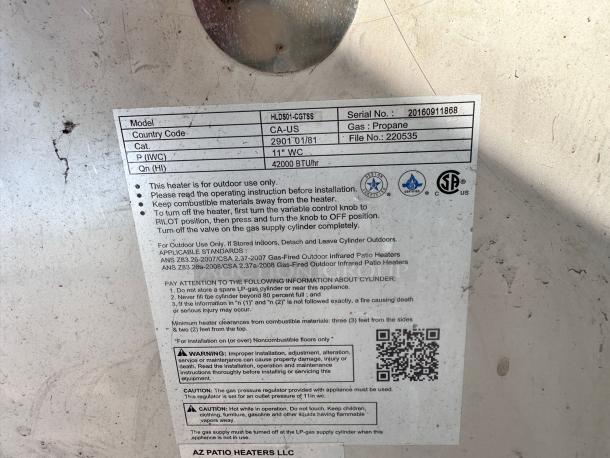Hiland HLDS01-CGTSS propane patio heater in excellent condition. Label shows 42000 BTU output, CA-US model, serial 20160911868.