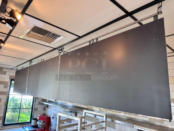 Top-tier condition black menu boards, set of 3, each 48"W x 24"H, ceiling-hung for commercial use.