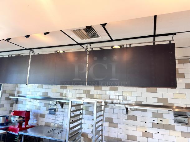 Set of three black hanging menu boards, 48"x24" each, in top-tier condition, commercial ready, ceiling-hung display.