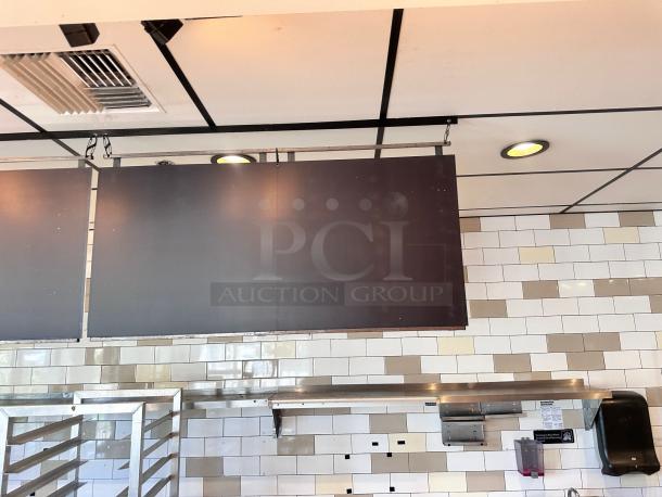 Hanging black menu boards, set of 3, each 48"W x 24"H, top-tier condition, commercial ready, ceiling mounted.