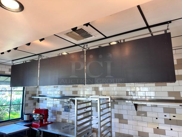 Top-tier condition hanging black menu boards, set of 3, 48"W x 24"H each, commercial ready, ceiling-hung panels.