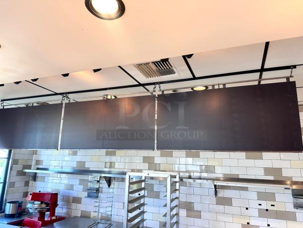 Set of 3 hanging black menu boards, 48"W x 24"H each, top-tier condition, ceiling-hung model, commercial ready.