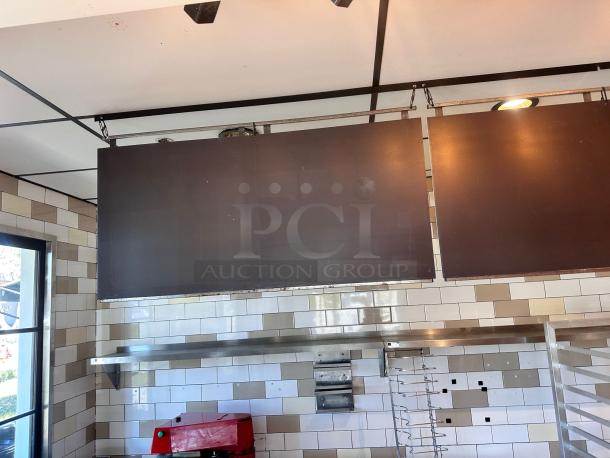Three ceiling-hung black menu boards, 48"W x 24"H each, in top-tier condition. Commercial-ready display panels.