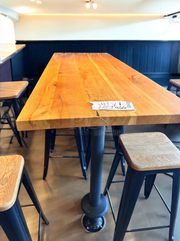 High-top wood table with six matching stools, Custom Commercial model H.TAB41. Tags display code and inspection status. Outstanding condition.