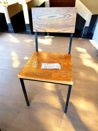 Contemporary Industrial wood dining chair, wood grain finish, metal legs, exceptional condition. Note reads "Qty 5 wood chair."