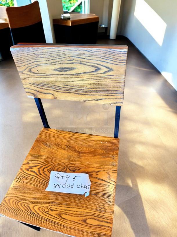 Modern wood dining chairs, set of 5, by Contemporary Industrial. Wood grain finish, clean and sturdy condition. "Qty 5 Wood chair" note visible.