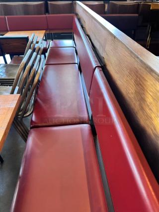Set of 6 custom built-in restaurant benches, superb condition, red vinyl upholstery, wood frame, commercial grade.