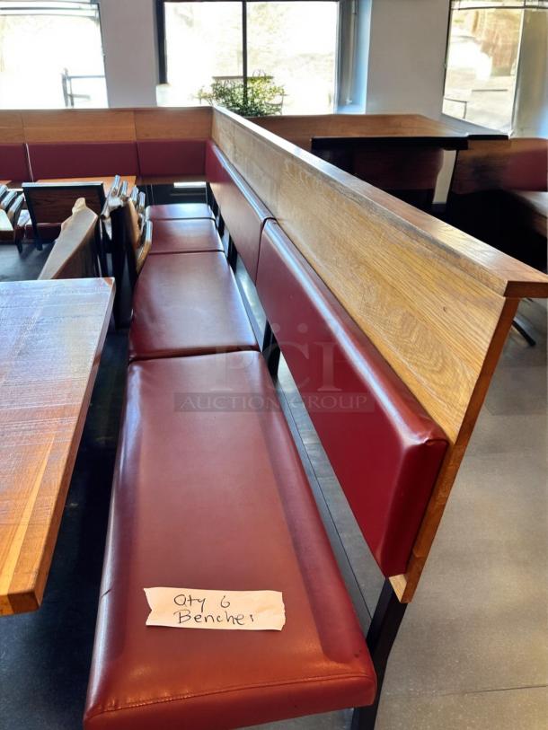Set of 6 red vinyl upholstered restaurant benches with wood frame in superb condition. Commercial-grade, fully inspected.