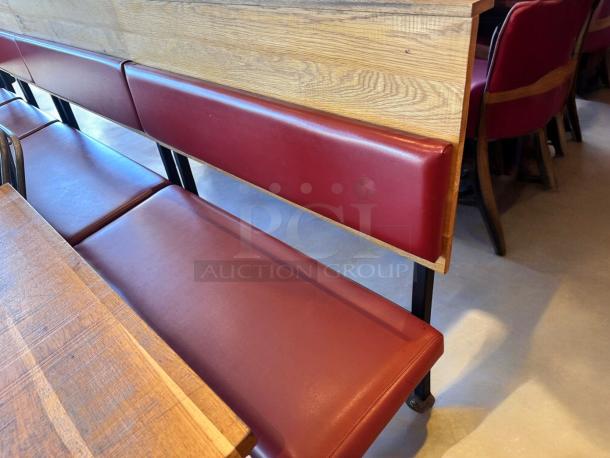 Set of 6 custom-built restaurant benches, superb condition, red vinyl upholstery, wood frame, commercial grade, inspected.