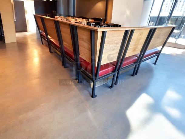 Set of 6 custom-built restaurant benches in superb condition, red vinyl upholstery, wood frame, commercial grade, inspected.