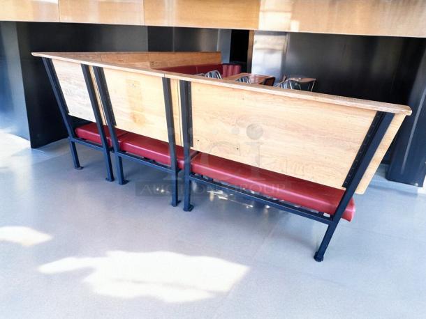 Custom built-in restaurant benches, set of 6, superb condition. Upholstered red vinyl, wood frame, commercial grade, inspected.