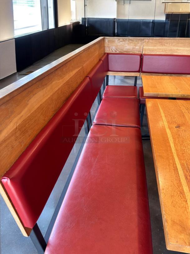 Set of 6 custom built-in restaurant benches, superb condition, red vinyl upholstery, wood frame, commercial grade.