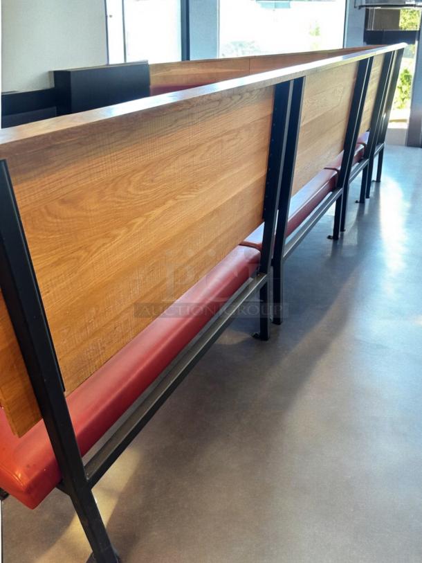 Set of 6 custom-built restaurant benches in superb condition, upholstered red vinyl, wood frame, commercial grade, fully inspected.