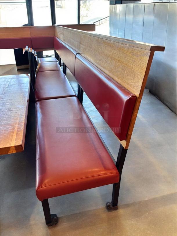 Set of 6 custom built-in restaurant benches, superb condition, red vinyl upholstery, wood frame, commercial grade.