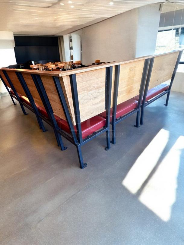 Set of 6 custom built-in restaurant benches, superb condition, red vinyl upholstery, wood frame, commercial grade, fully inspected.