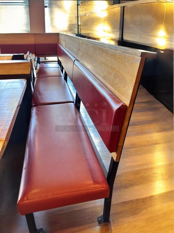 Set of 6 custom built-in restaurant benches, superb condition, upholstered red vinyl, wood frame, commercial grade.
