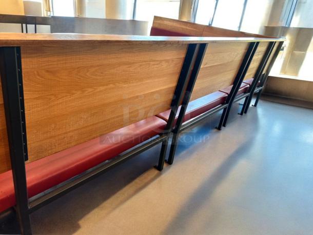Set of 6 custom built-in restaurant benches, upholstered in red vinyl with wood frames, superb condition, commercial grade.