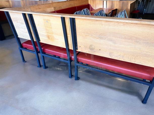 Set of 6 custom built-in restaurant benches, upholstered in red vinyl with wood frames, in superb condition, commercial grade.