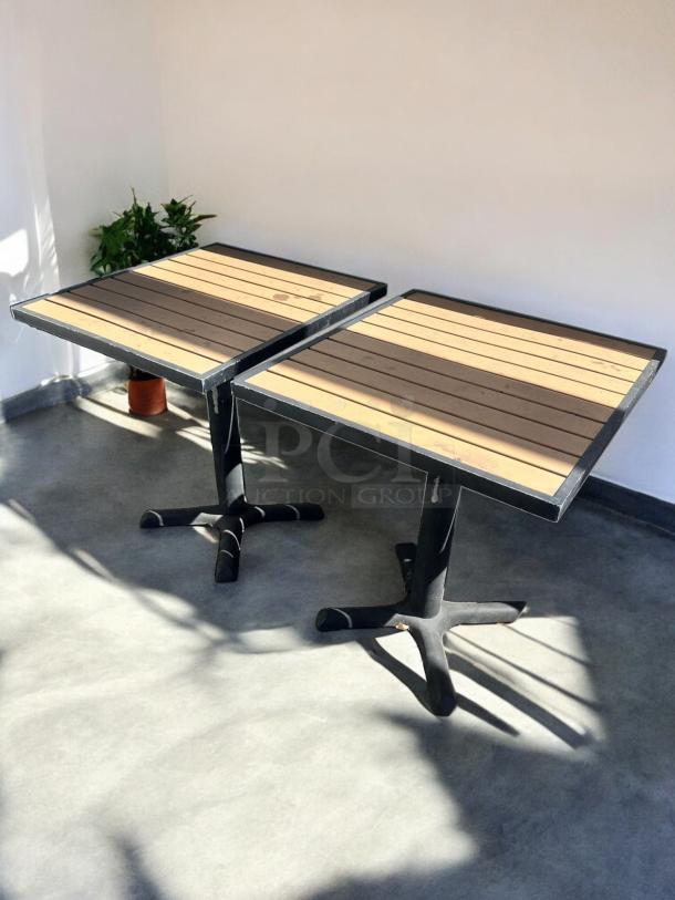 Like-new commercial outdoor patio tables, slatted top, heavy-duty black base, fully inspected.