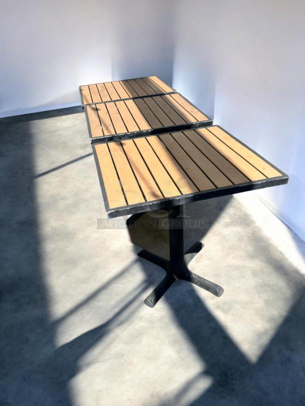 LIKE-NEW commercial patio tables with slatted tops, heavy-duty black bases, fully inspected, ready to use.