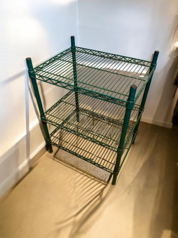 Green epoxy-coated wire shelving rack, 3-tier, heavy-duty, excellent condition, inspected and sturdy.