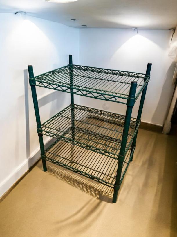 Green epoxy-coated 3-tier wire shelving rack, heavy-duty, in great condition, fully inspected and sturdy.