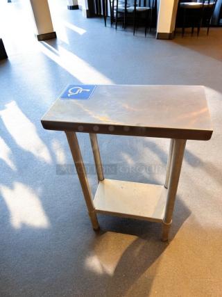 Compact stainless steel work table, 24" x 14", with undershelf. Great condition, fully tested, commercial utility prep station.