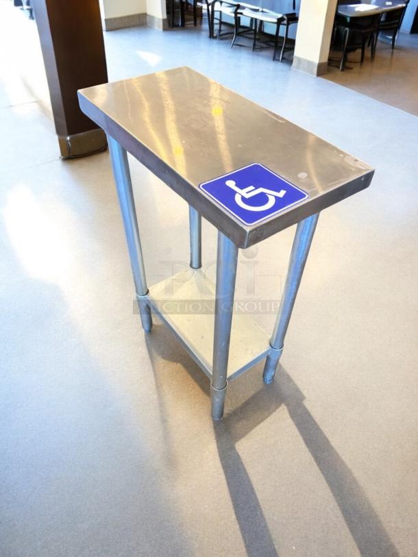 Compact stainless steel work table with undershelf, 24" x 14", commercial utility prep station, great condition.