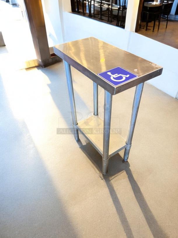 Compact stainless steel work table with undershelf, 24"x14", great condition, commercial utility prep station, fully tested.