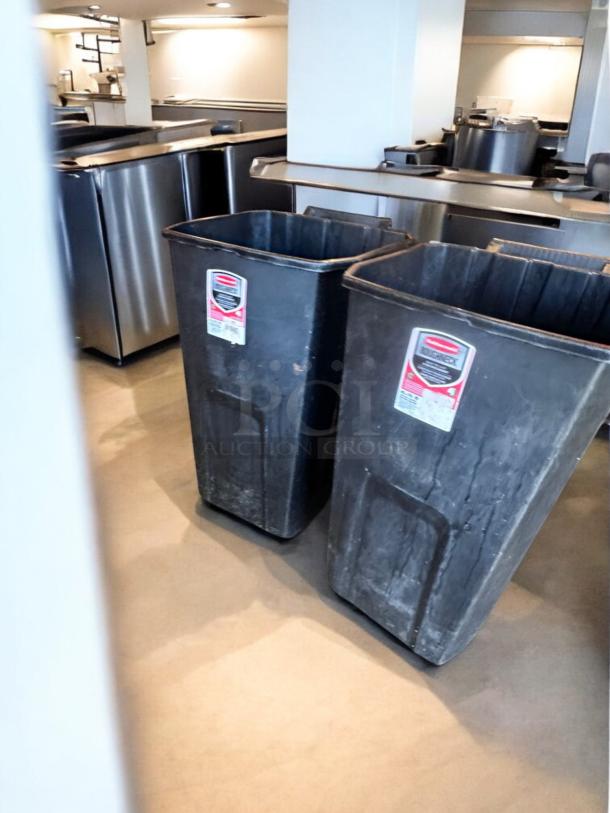 Rubbermaid Roughneck 45 Gal commercial trash cans, heavy-duty plastic, venting channels, smooth wheels, top-tier condition, set of 2.