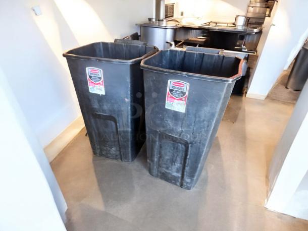 Rubbermaid Roughneck 45 Gal commercial trash cans, heavy-duty plastic, with venting channels and smooth wheels; quantity 2.