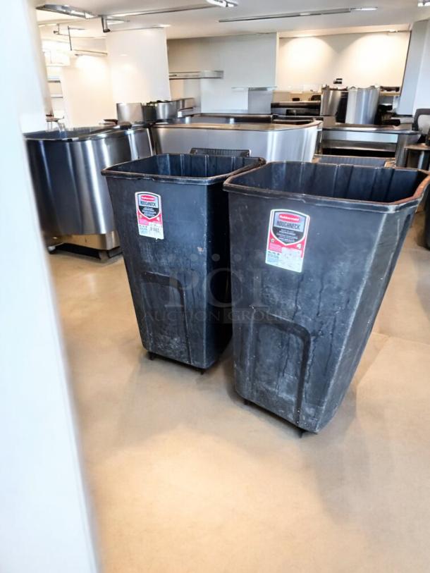 Rubbermaid Roughneck 45 Gal commercial trash cans, heavy-duty plastic, venting channels, smooth wheels, top-tier condition, qty 2.