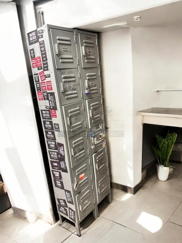 Metal employee locker cabinet, 12 compartments, very good condition, fully functional, features various labels and markings.