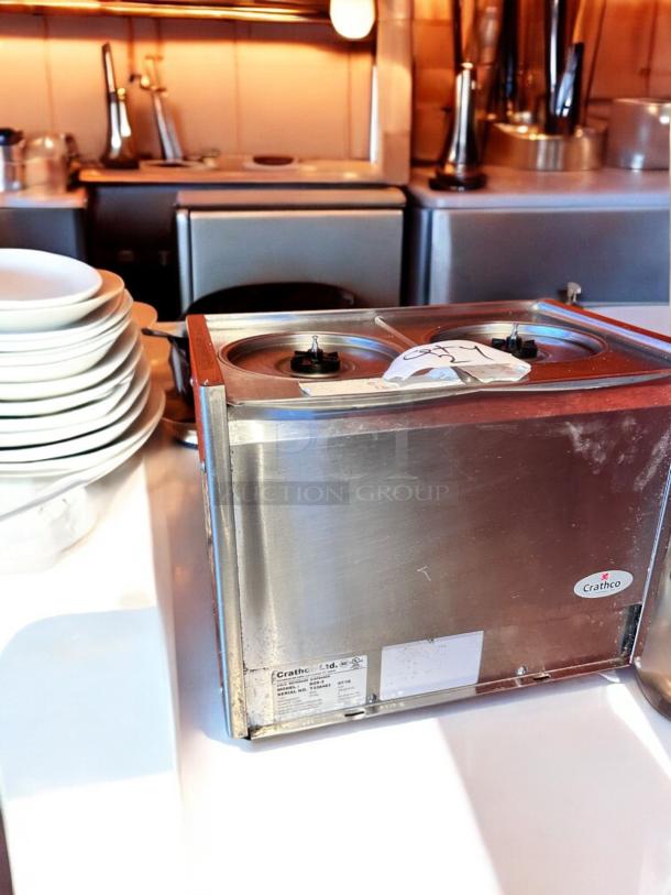 Crathco D25-3 cold beverage dispenser, 2-bowl, stainless steel, superb condition, 115V, fully tested, Crathco label visible.