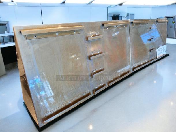 Immaculate stainless steel dual-panel countertop marketing display stand, fully inspected, pristine condition.