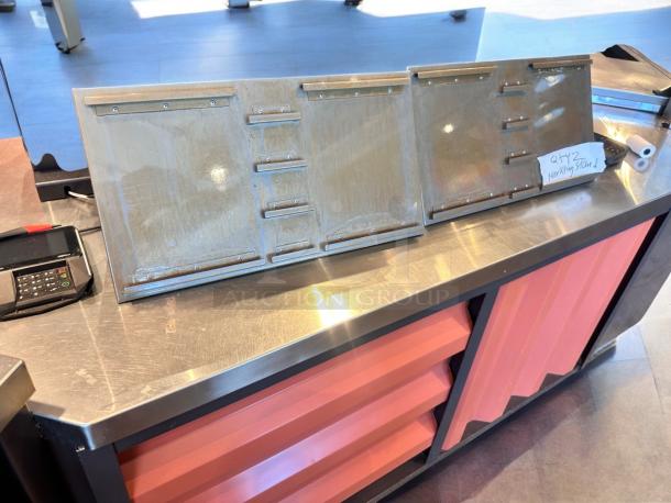 Dual-panel countertop marketing display stand, stainless steel, immaculate condition, fully inspected, model: Dual Panel Marketing Stand.